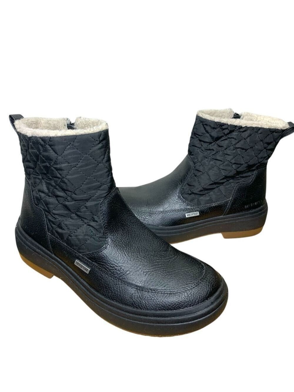 Merrell Black Winter Boots Waterproof Quilted Nylon Fleece Lined Sz 6 Side Zip